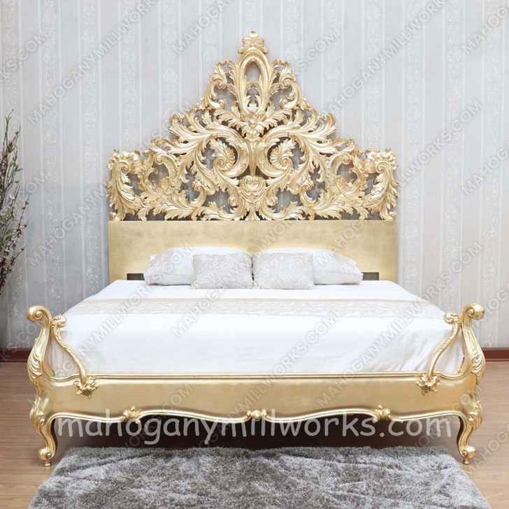 Gold Leaf Bed w/ Ornate Carved Headboard
