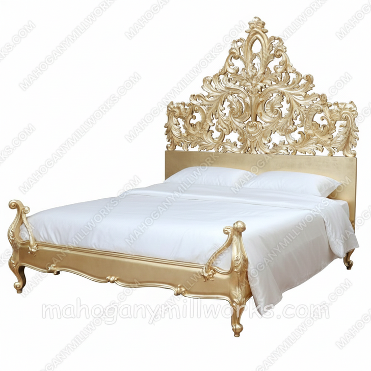 Gold Leaf Bed w/ Ornate Carved Headboard