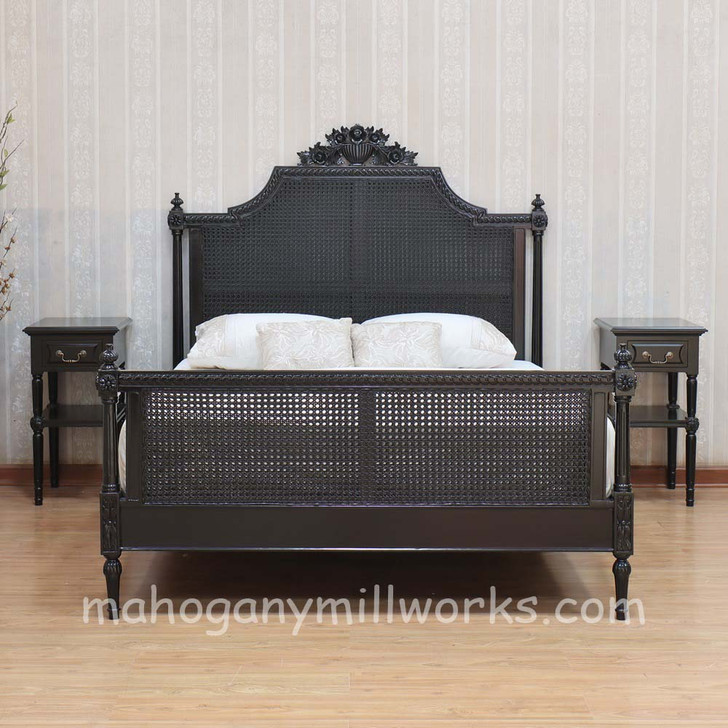 Painted Black French Marseilles Style Bed with Wicker Panel Set of 4