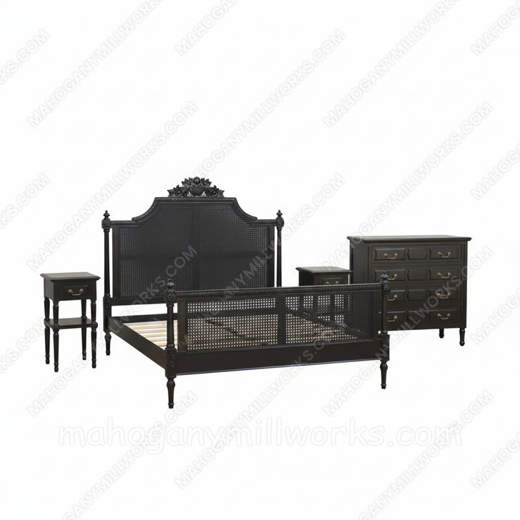 4pc Painted Black French Marseilles Bedroom Set