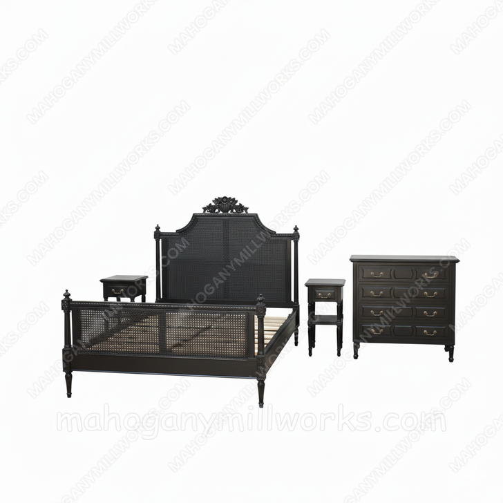 4pc Painted Black French Marseilles Bedroom Set