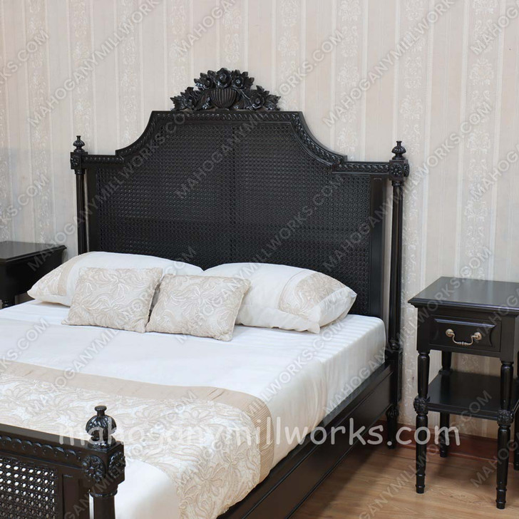 Painted Black French Marseilles Style Bed with Wicker Panel Set of 3