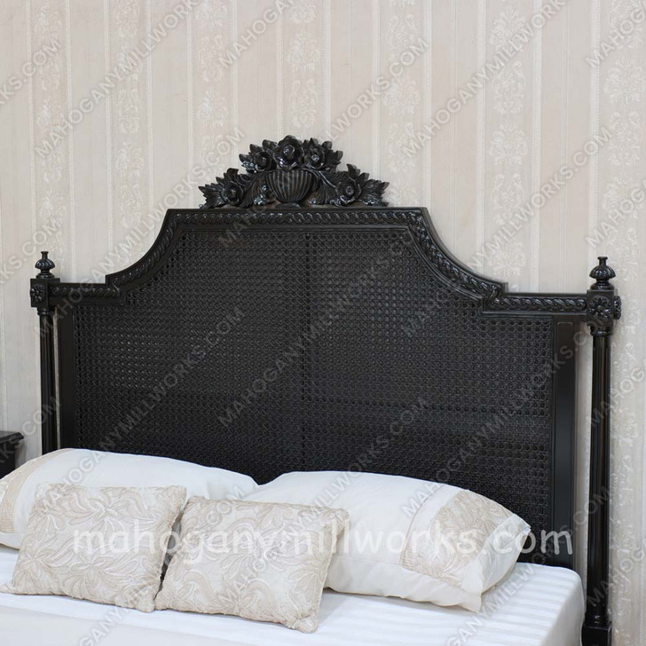 Painted Black French Marseilles Style Bed with Wicker Panel Set of 3