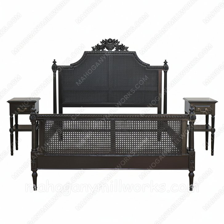 Painted Black French Marseilles Style Bed with Wicker Panel Set of 3