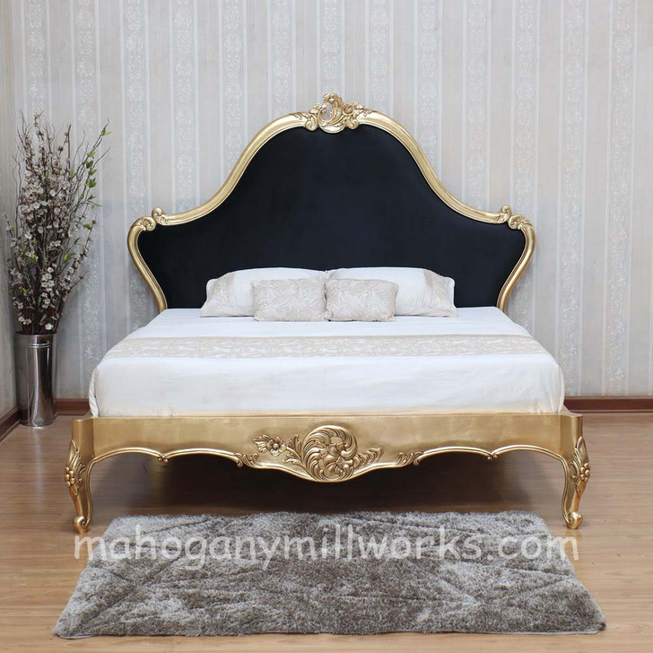 Gold Leaf Louis Carved Bed With Velvet Fabric Upholstery