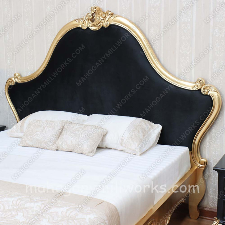 Gold Leaf Louis Bed w/ Upholstered Velvet Headboard