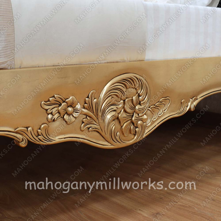 Gold Leaf Louis Carved Bed With Velvet Fabric Upholstery