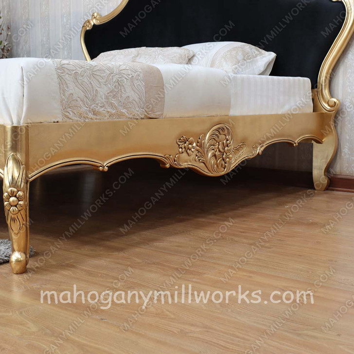Gold Leaf Louis Bed w/ Upholstered Velvet Headboard