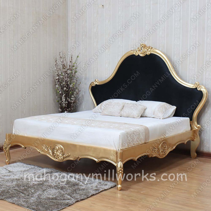 Gold Leaf Louis Carved Bed With Velvet Fabric Upholstery