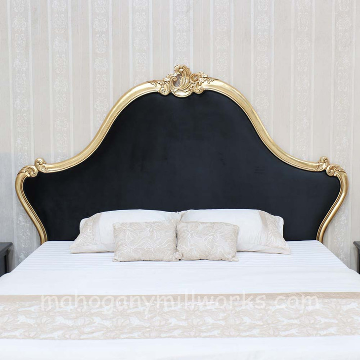Gold Leaf Louis Bed w/ Upholstered Velvet Headboard