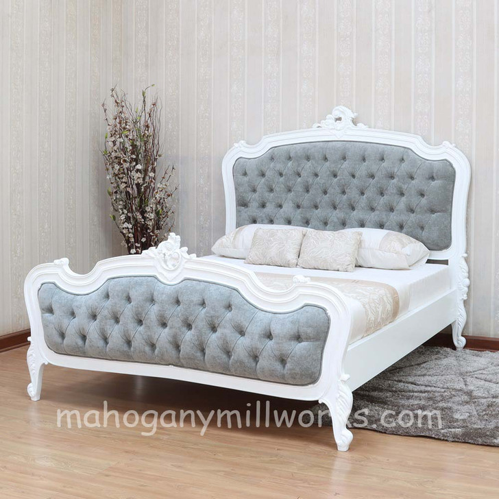 Painted White French Louis Bed With Velvet Upholstery