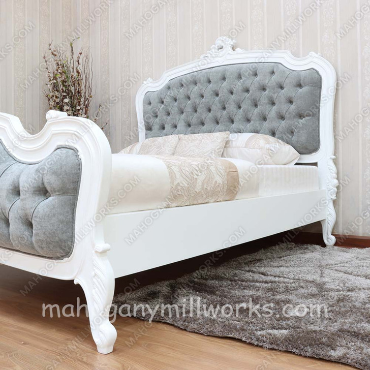 Painted White French Louis Bed With Velvet Upholstery