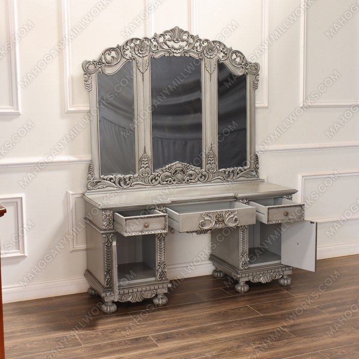 2pc Antique Grey Rococo Dressing Table w Trifold Mirror