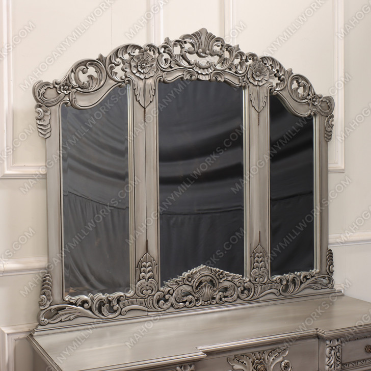 2pc Antique Grey Rococo Dressing Table w Trifold Mirror