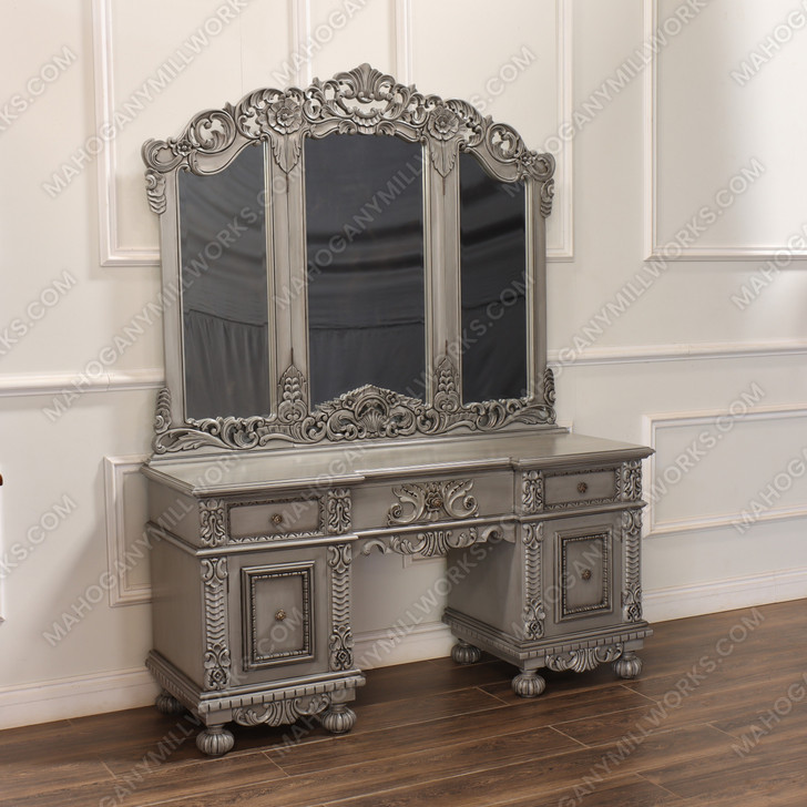 2pc Antique Grey Rococo Dressing Table w Trifold Mirror