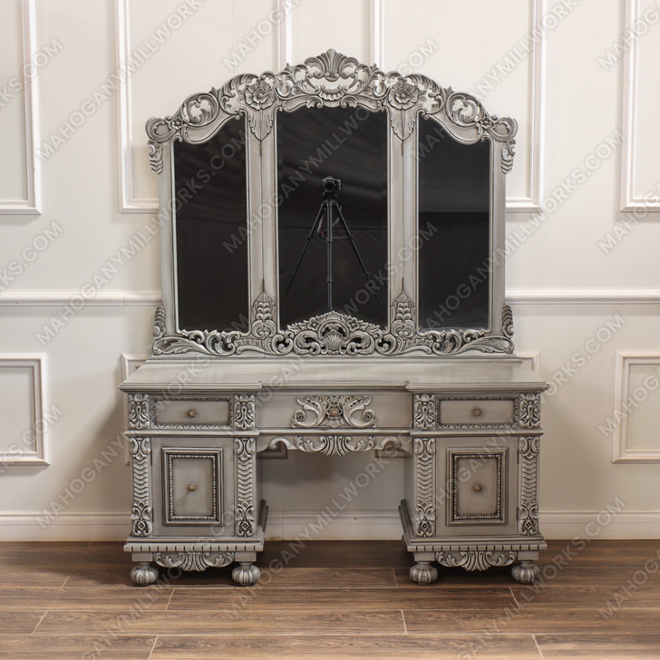 2pc Antique Grey Rococo Dressing Table w Trifold Mirror