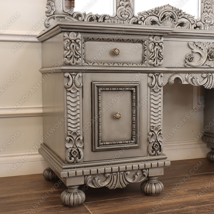 2pc Antique Grey Rococo Dressing Table w Trifold Mirror