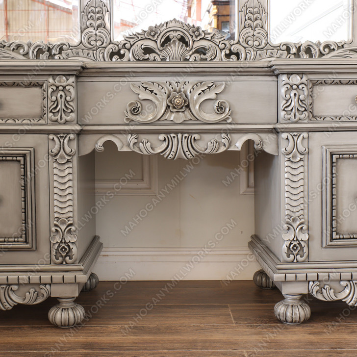 2pc Antique Grey Rococo Dressing Table w Trifold Mirror