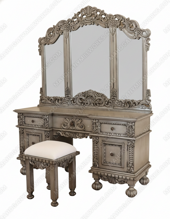 2pc Antique Grey Rococo Dressing Table w Trifold Mirror