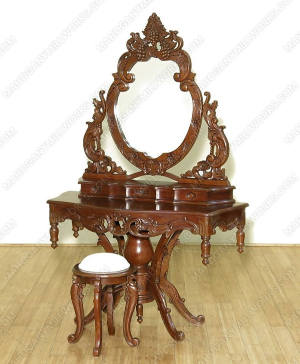 Light Walnut French Rococo Make-up Vanity w/ Stool