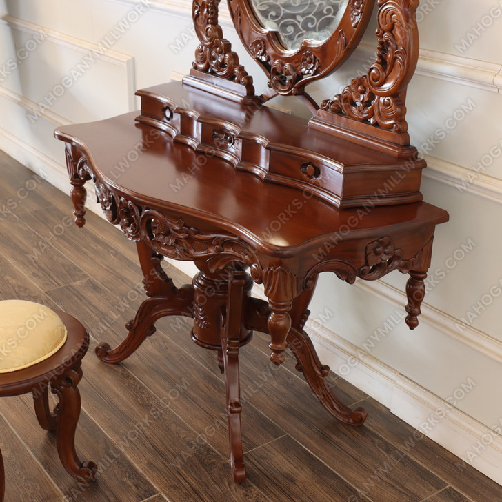 Light Walnut French Rococo Make-up Vanity w/ Stool