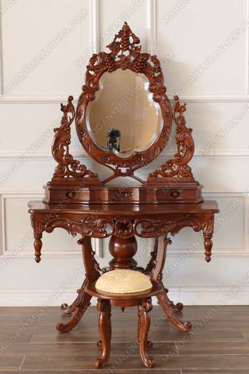 Light Walnut French Rococo Make-up Vanity w/ Stool