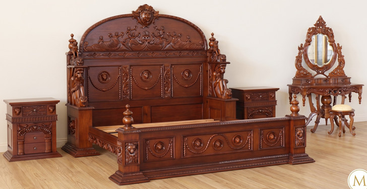 Ornate Hand Carved Solid Mahogany Gothic Bed