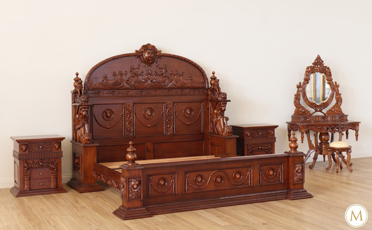 Ornate Hand Carved Solid Mahogany Gothic Bed