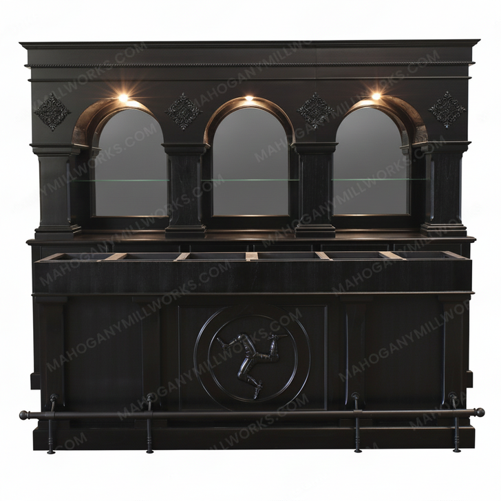 Custom Dark Teak Pub Bar Set w/ Brass Rails