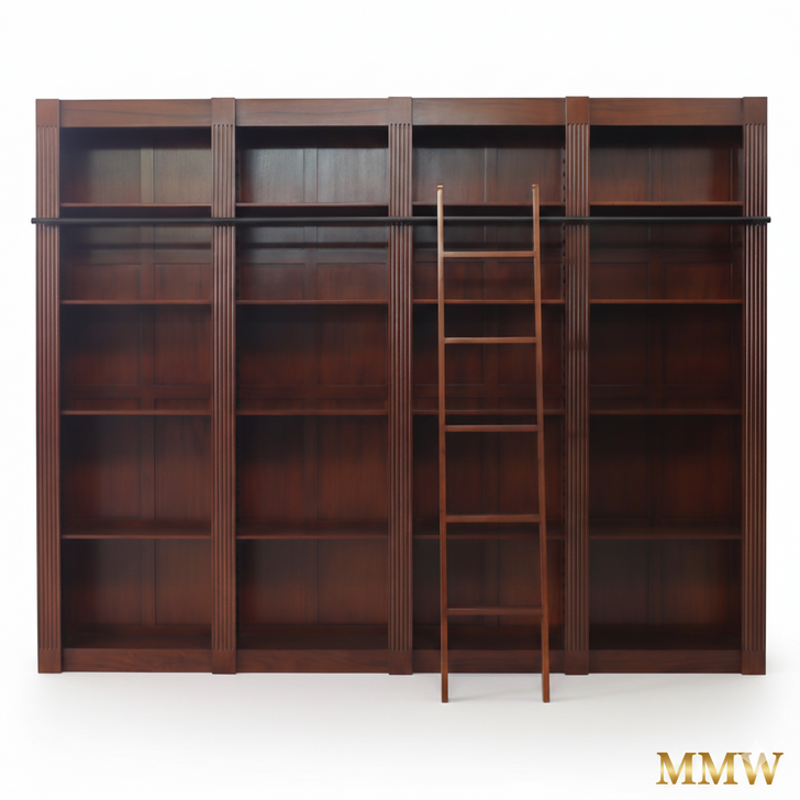 Large Brown Mahogany Library Bookcase with Ladder
