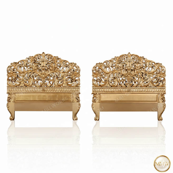 Antiqued Gold Leaf Rococo Queen Headboard Pair (2)s (2)