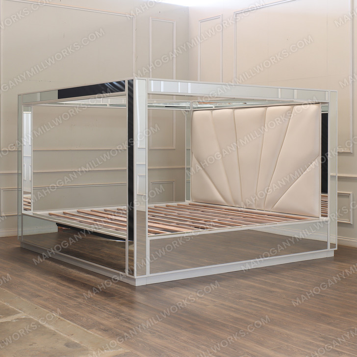 Oversized Alaska King Mirrored Four Poster Canopy Bed w/ Bright White Trim
