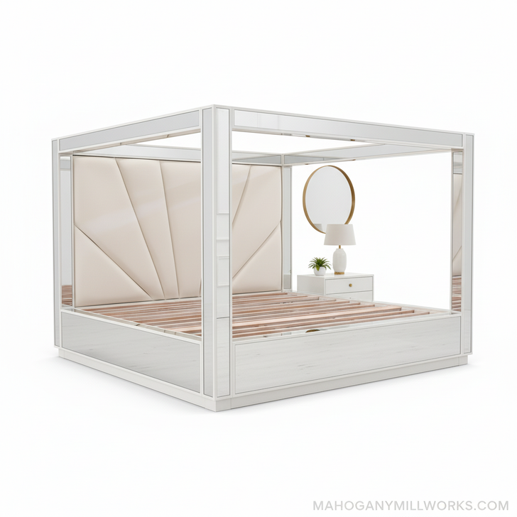 Oversized Alaska King Mirrored Four Poster Canopy Bed w/ Bright White Trim