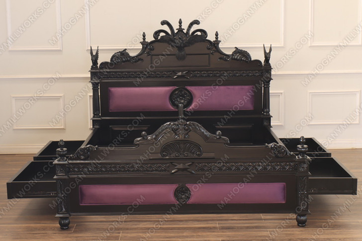 Black Gothic Raven Carved Bed w/ Hidden Storage Compartments & Lights