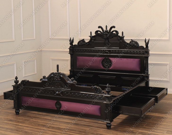Black Gothic Raven Carved Bed w/ Hidden Storage Compartments & Lights