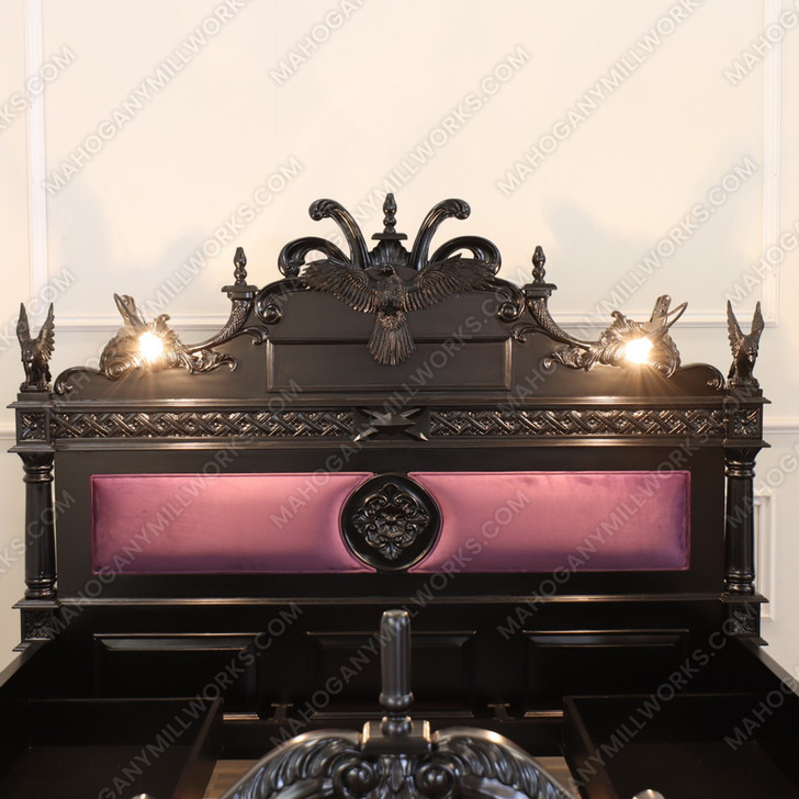 Black Gothic Raven Carved Bed w/ Hidden Storage Compartments & Lights