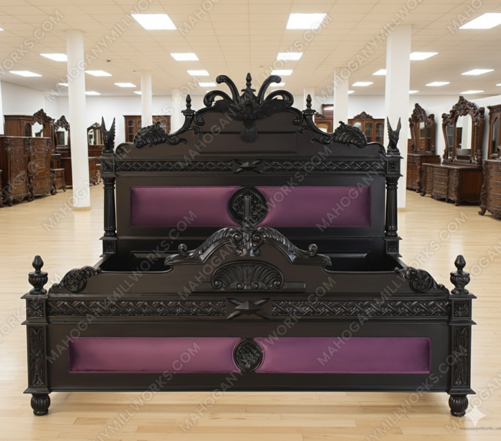 Black Gothic Raven Carved Bed w/ Hidden Storage Compartments & Lights