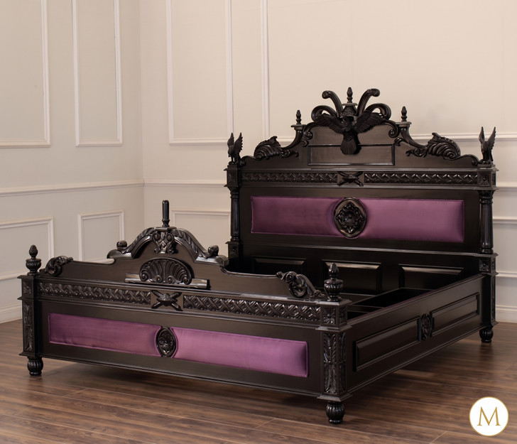 Black Gothic Raven Carved Bed w/ Hidden Storage Compartments & Lights