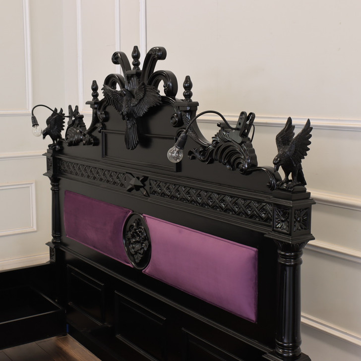 Black Gothic Raven Carved Bed w/ Hidden Storage Compartments & Lights