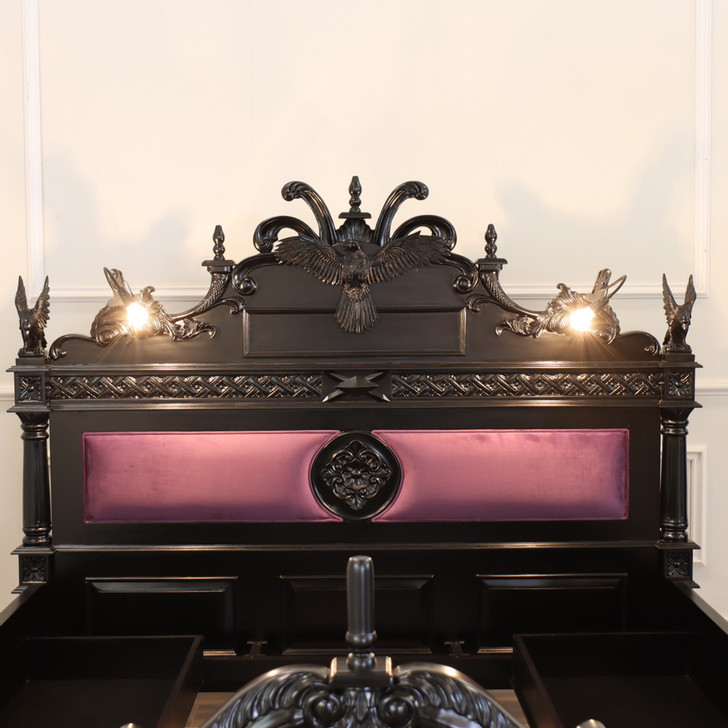 Black Gothic Raven Carved Bed w/ Hidden Storage Compartments & Lights