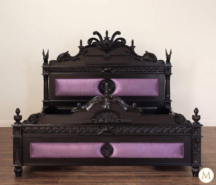 Black Gothic Raven Carved Bed w/ Hidden Storage Compartments & Lights