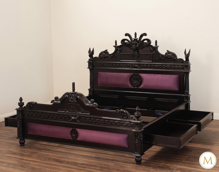 Black Gothic Raven Carved Bed w/ Hidden Storage Compartments & Lights