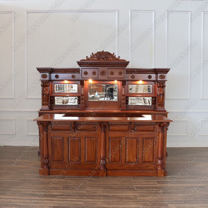 10.5ft Custom Mahogany Carved Lady Saloon Pub Bar