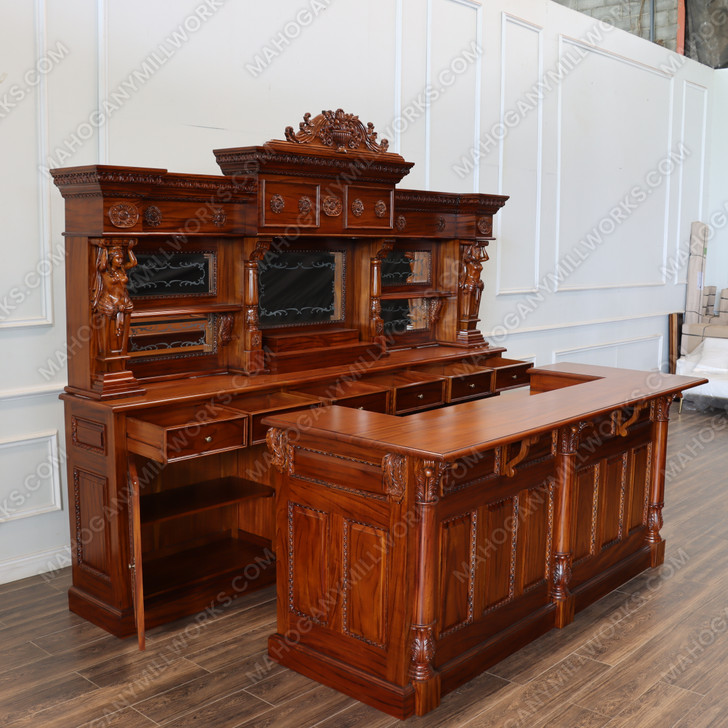10.5ft Custom Mahogany Carved Lady Saloon Pub Bar