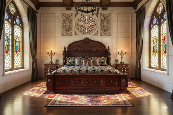 3pc Light Walnut Heavily Ornate Gothic Bedroom set