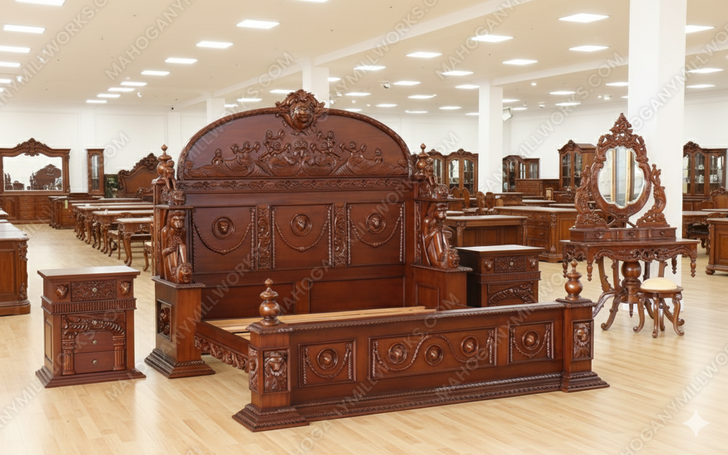 3pc Light Walnut Heavily Ornate Gothic Bedroom set