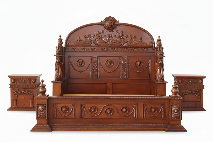 3pc Light Walnut Heavily Ornate Gothic Bedroom set