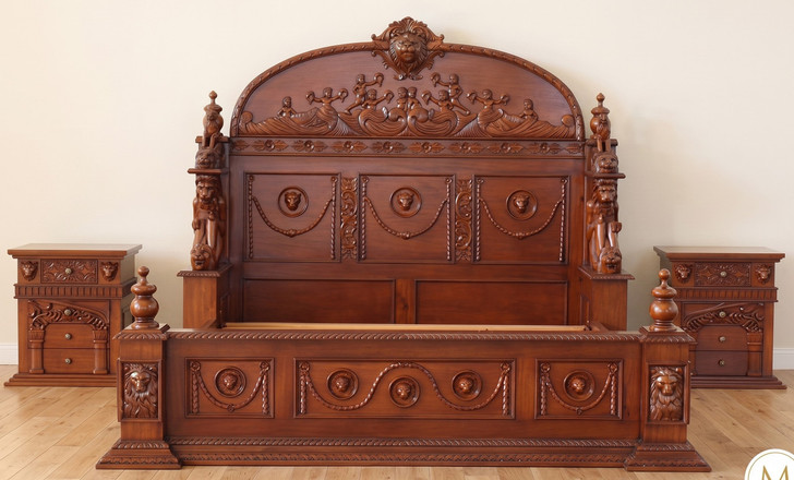 3pc Heavily Ornate Mahogany Gothic Bedroom set