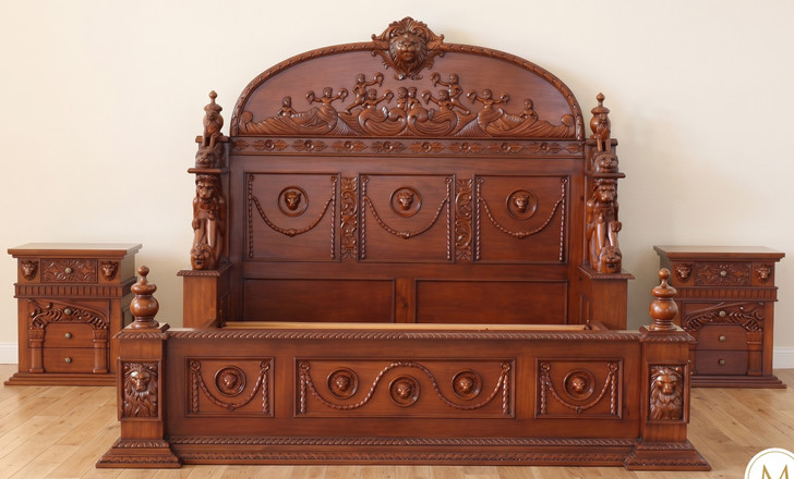 3pc Heavily Ornate Mahogany Gothic Bedroom set