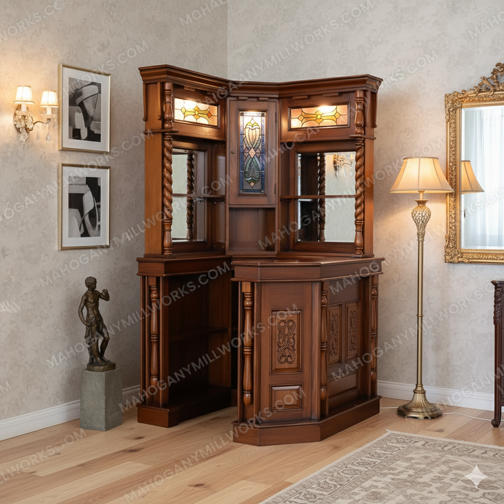 Mahogany Antique Distressed Victorian Gothic Corner Pub Bar